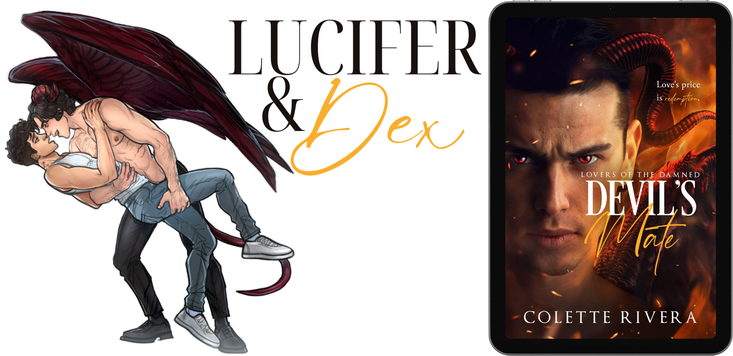 Lucifer and Dex
image: the book Devil's Mate next to an illustration of a winged man about to kiss a man in jeans and a tank top with a bite mark on his neck